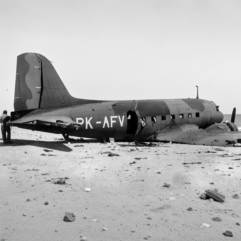 Het wrak van de PK-AFV op het strand van Carnot Bay