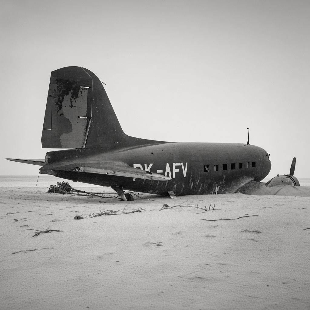 Het wrak van de PK-AFV op het strand, met de registratie nog leesbaar op de romp